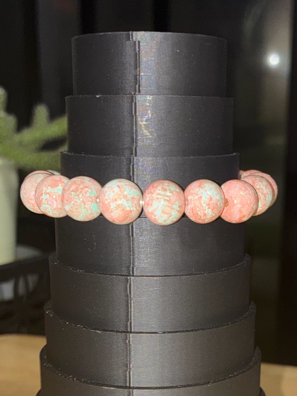 Peach and Mint Jasper Glass Beaded Stretch Bracelet Handmade